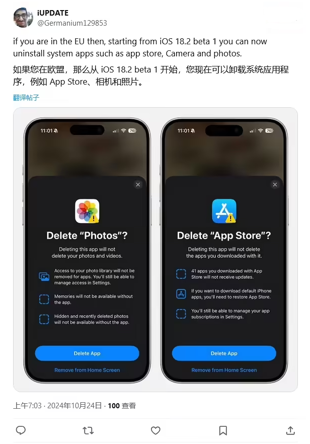 毛嘴镇苹果手机维修分享iOS 18.2 支持删除 App Store 应用商店 