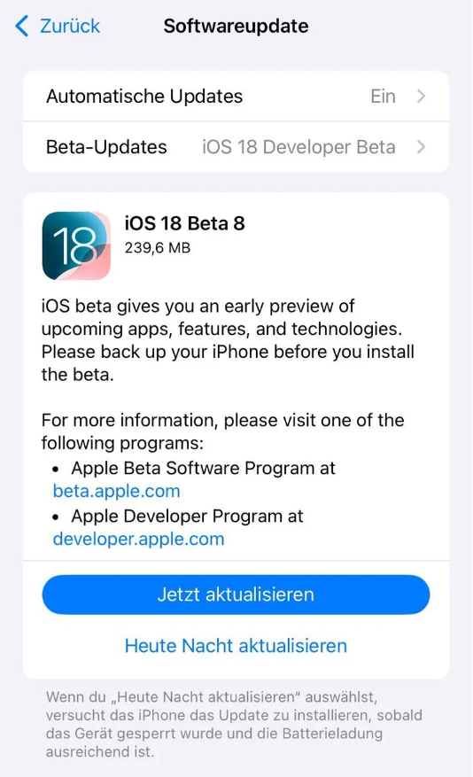 毛嘴镇苹果手机维修分享苹果 iOS / iPadOS 18 开发者预览版 Beta 8 发布 